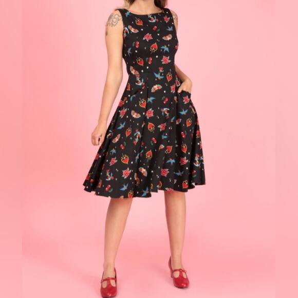 Retro Pin-Up Rockabilly Black Printed Fit and Flare Sleeveless XL Dress Cotton - Picture 2 of 13